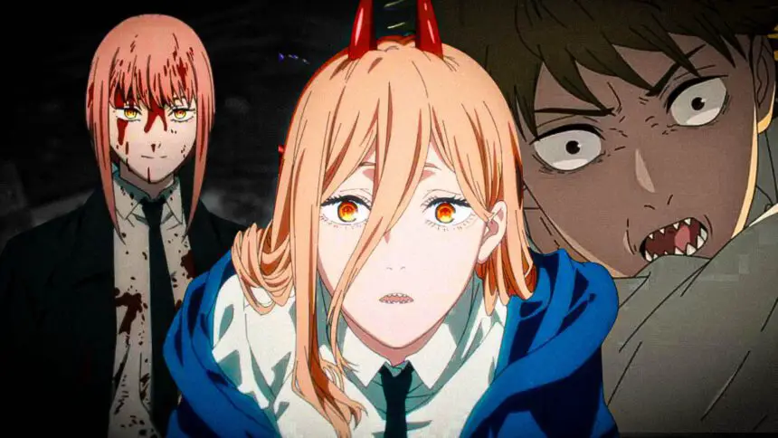 Chainsawman characters in a dark setting. One is a girl with red hair, yellow eyes, and a bloody uniform. Another is a blonde girl with bright orange eyes who appears shocked or scared. The third character has dark, messy hair and looks like a vampire or monster with sharp teeth and a menacing expression.